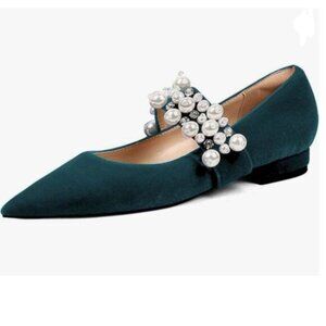 XYD Dark Cyan Pointed Toe Velvet Pearl Strap Beaded Mary Janes Shoes